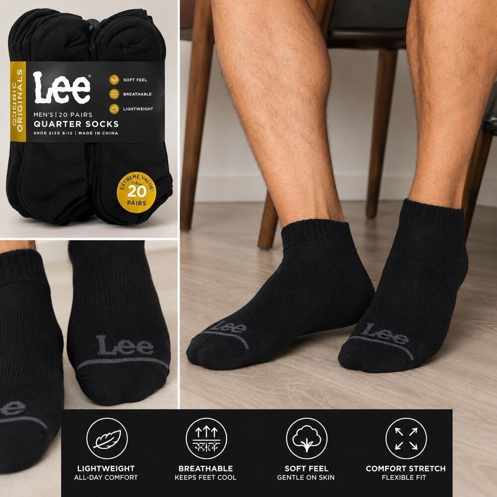 Lee Men’s Quarter Socks 20 Pairs Black Size 6-12 Lightweight Breathable New